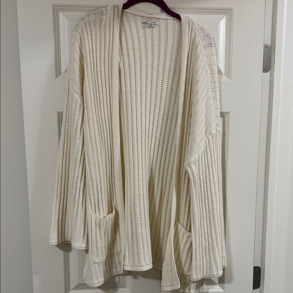 American Eagle Women's Open-Front Cream Knit Cardigan Sweater